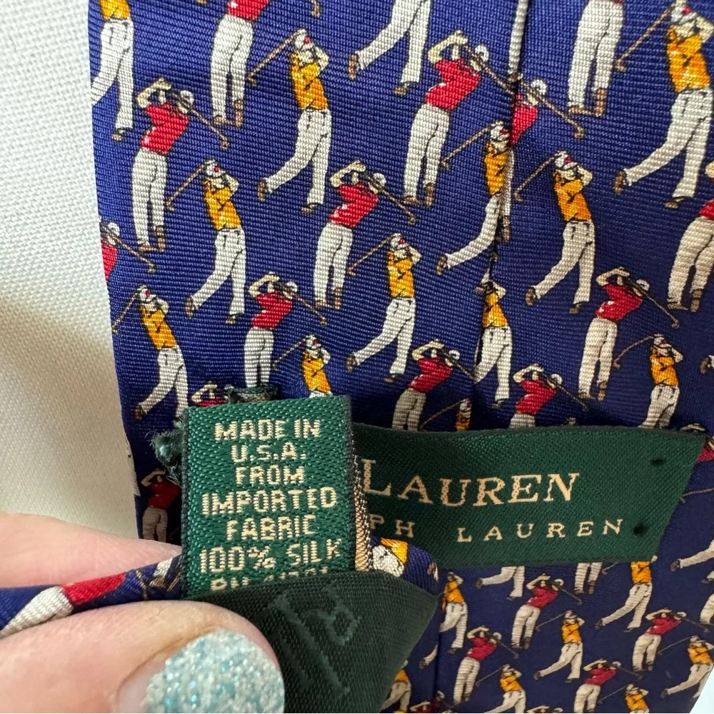 Lauren Ralph‎ Lauren Deadstock NWT Men's Silk Golf Tie Blue Red Yellow - Picture 6 of 8